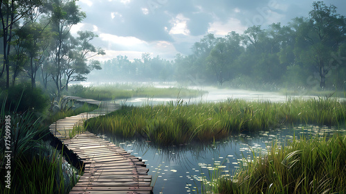 A boardwalk meandering through a marshland