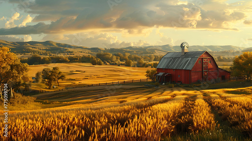 A bucolic farmland scene with golden fields of wheat stretching to the horizon, punctuated by red barns and windmills photo