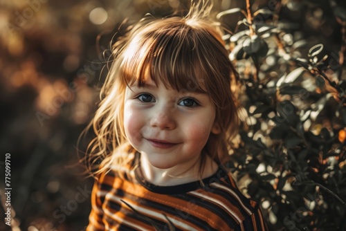 Portrait of a beautiful little girl in the park at sunset.