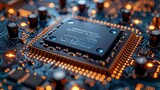 Embedded electronic board and CPU on a dark-blue background