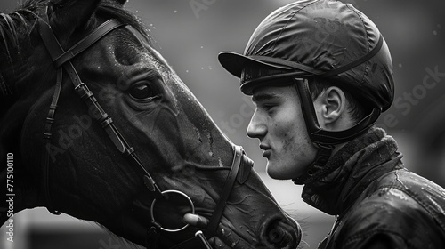 A heartfelt moment between a jockey and their horse in the paddock before the race, with the jockey whispering words of encouragement into the horse's ear.
