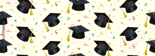 Seamless pattern of graduation hats in different positions. Abstract background with black graduation cap in 3D style and multi-colored confetti. Graduation concept.