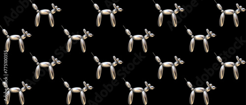 Seamless pattern with inflatable toy in y2k style. Balloon dog with metal texture in 3D style. Vector repeating background.