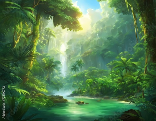 Background in style - Jungle with tropical river: amazing natural world. Generative AI, Generative, AI