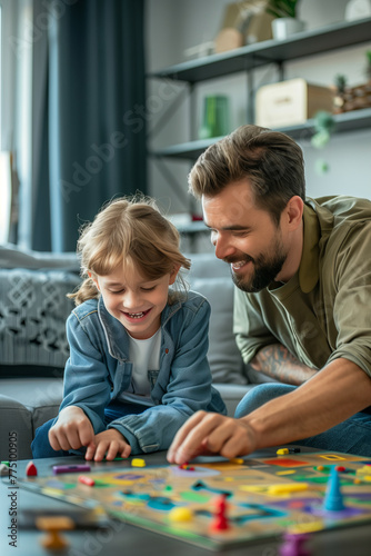 Young father and his ten years old daughter playing board game at home. Dad and his kid having fun with table game in a living room. Bonding and spending quality time with children.