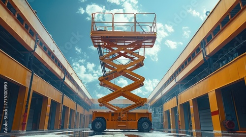 A scissor lift platform in action, the lift being used for accessing high. Generative AI. photo