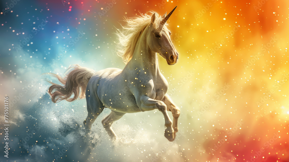 An ethereal unicorn runs through a cosmic backdrop with sparkling stars, merging fantasy with celestial themes.
