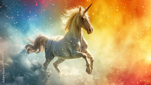 An ethereal unicorn runs through a cosmic backdrop with sparkling stars  merging fantasy with celestial themes.