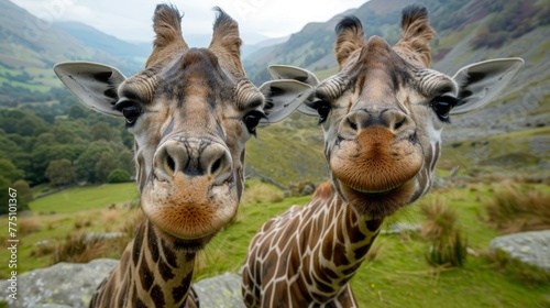 Close-up of two giraffe photo