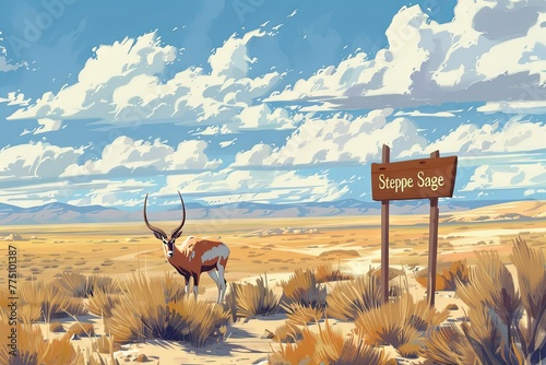 cartoon majestic saiga antelope grazing on the windswept steppes of Central Asia, its sign reading "Steppe Sage"