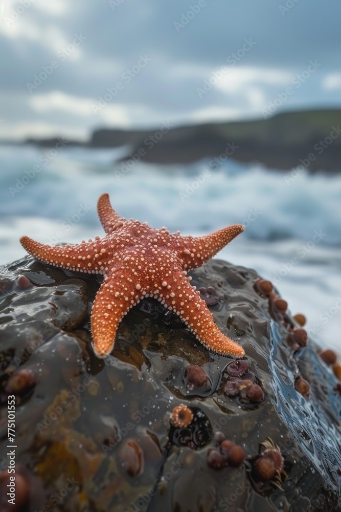 Close-up of a starfish clinging to a damp rock, with the ocean waves crashing in the background Close-up of a starfish clinging to a damp rock, with the ocean waves crashing in the background