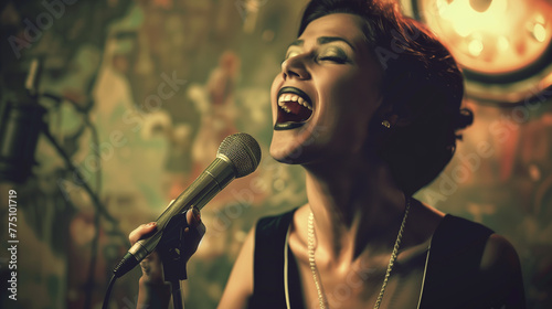 A vintage-inspired photo of a woman singing with a microphone in hand against a retro-themed backdrop.