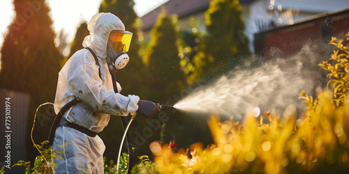 Disinfector in protective suit processes territory of garden plot sprays poison from mosquitoes, ticks and pests. Pest control worker spraying insecticides or pesticides outdoors.