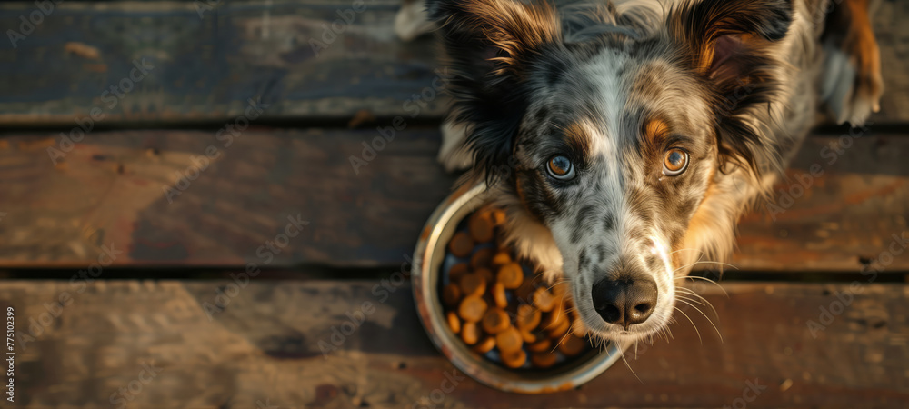 Friendly dog sitting by a bowl of dry kibble pet food at home. Puppy looking up into camera on sunny morning. Feeding your pet proper healthy food. - obrazy, fototapety, plakaty 
