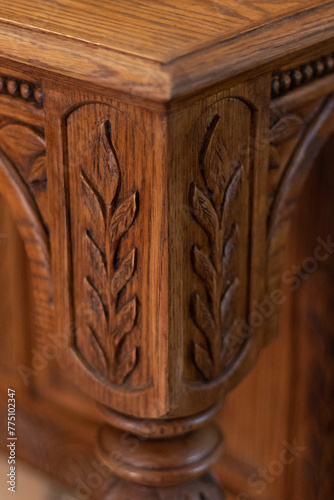 Close-up, Pattern of flowers carved on wood, old wood carving 