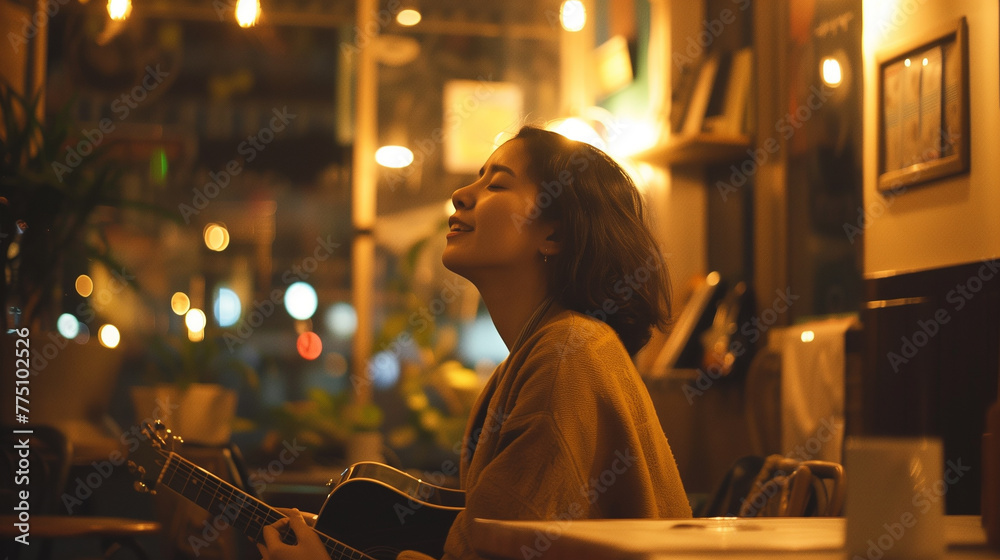 A candid shot of a woman singing joyfully in a cozy café, surrounded by dimly lit ambiance