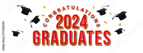 Greeting banner for design of graduation 2024. Falling graduation caps and golden confetti. Congratulations graduates of 2024 in red, gold. Vector illustration for decoration social media, banners.