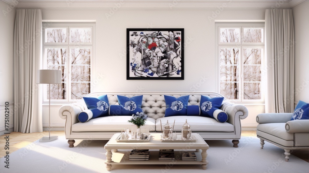 An image of a painting with red flowers in a black frame hanging on a white wall in a living room with a white sofa, blue pillows, and a white coffee table with books and a vase on it.