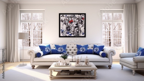 An image of a painting with red flowers in a black frame hanging on a white wall in a living room with a white sofa, blue pillows, and a white coffee table with books and a vase on it. © halima