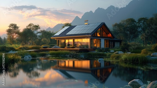 A contemporary eco-friendly house during of dusk, nestled in a verdant meadow with a tranquil pond nearby. The house should boast a steeply sloped roof with solar panels atop it. Generative AI. photo