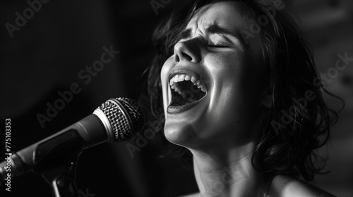A black and white photo capturing the emotion on a woman's face as she sings her heart out photo