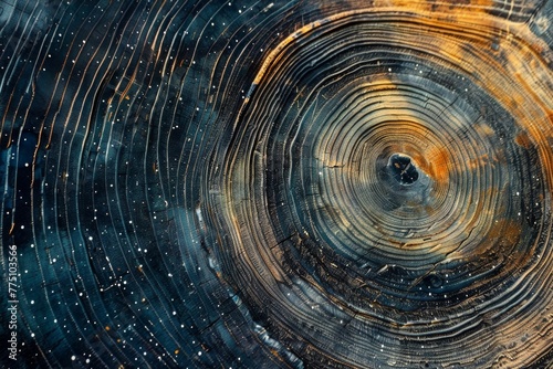Tree rings texture  transformed into swirling galaxies  cosmic colors
