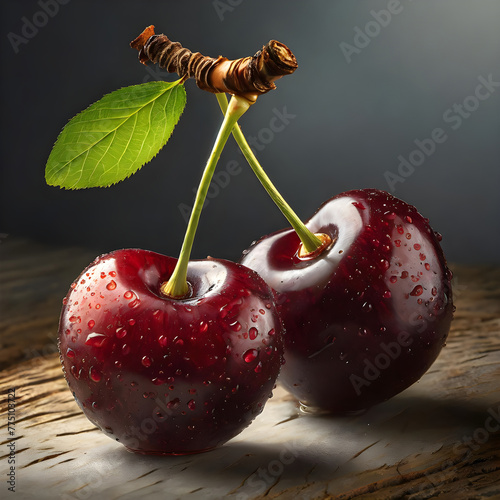 Cherries with water drops on a wooden table, dark background. fruits and summer berries illustration