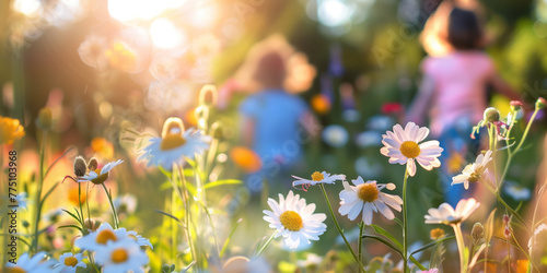 Colorful flowers blossoming in front of a big house with children playing on the background.