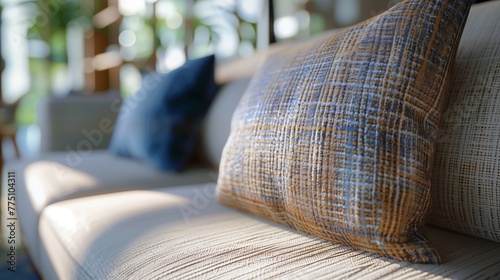 Design a close-up view of a pillow on a sofa in the living area, emphasizing a warm and cozy creative concept for home interior design. 