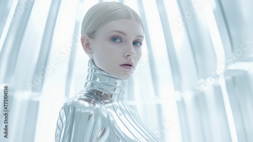 Design a futuristic fashion scene with a retro twist, featuring metallic and holographic materials.  