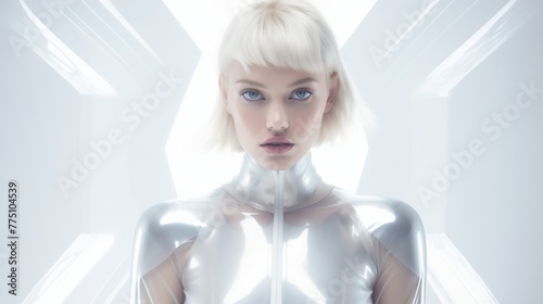Design a futuristic fashion scene with a retro twist, featuring metallic and holographic materials.  