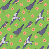 Spring floral seamless pattern with flat birds on green background. Flat hand drawn birds. Unique print design for textile, wallpaper, interior, wrapping. Spring concept