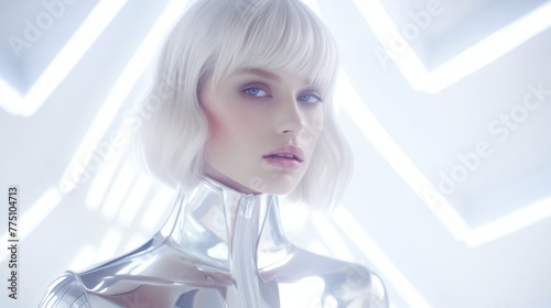 Design a futuristic fashion scene with a retro twist, featuring metallic and holographic materials.  