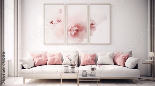 Digital art painting of pink and white flowers in white frames on a white wall behind a white sofa with pink pillows in a modern interior style with a pink theme.