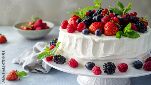 Elegant vanilla cake topped with an assortment of fresh berries and mint on a white stand