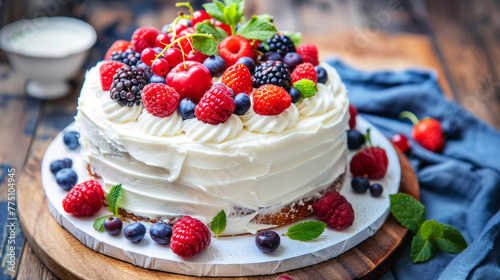 Elegant vanilla cake topped with an assortment of fresh berries and mint on a white stand