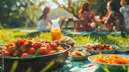 Colorful Outdoor Feast at Asian-Themed Picnic with Friends and Family