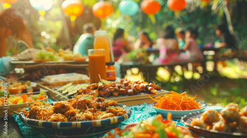 Colorful Outdoor Feast at Asian-Themed Picnic with Friends and Family