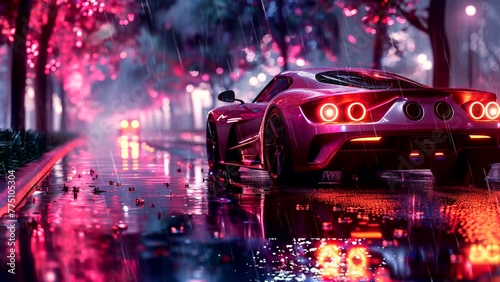 Sports car on city road during rainy spring, Lofi chill vibes. seamless looping 4k time-lapse animation video background photo