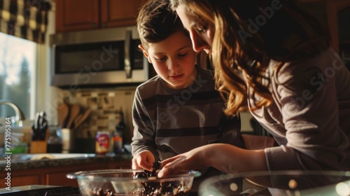 Little boy helping his mother with the cooking in the kitchen.