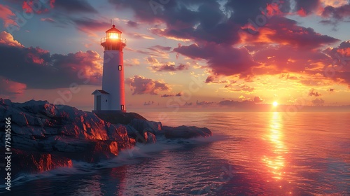 A coastal lighthouse illuminated by the setting sun - guiding light into the night