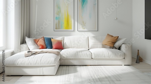 Design a modern white luxury home interior, focusing on the living room with soft, cozy sofa furniture. 