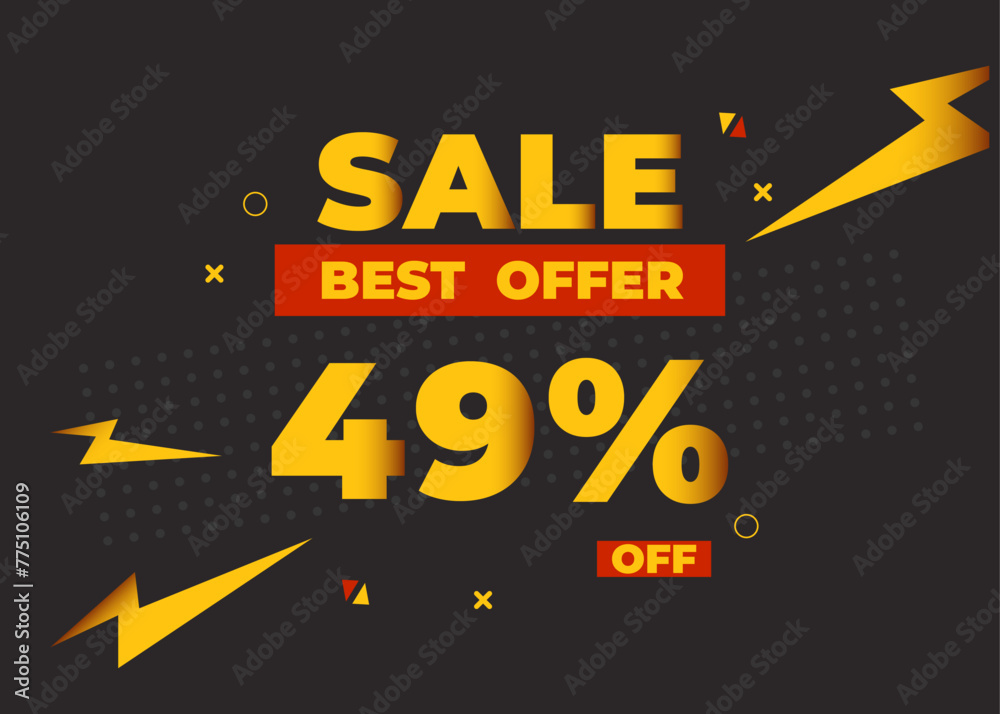 49% off sale best offer. Sale banner with forty nine percent of discount, coupon or voucher vector illustration. Yellow and red template for campaign or promotion.