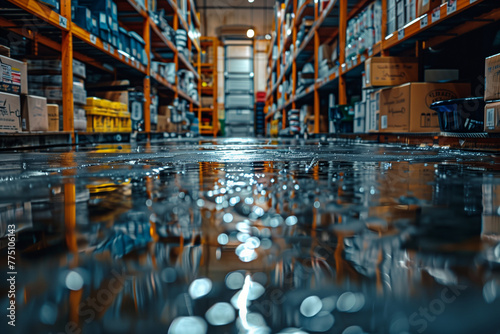 Flooded warehouse, industry factory reflection transportation