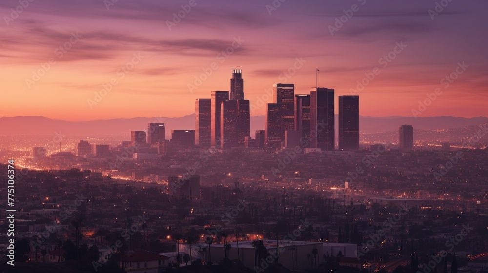 the skyline of los angeles during sunrise, AI generated