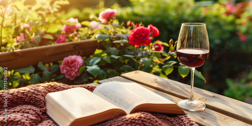 Glass of red wine on a table on cozy wooden terrace with open book, soft blanket, and blossoming rose bushes. Charming sunny evening in summer garden.