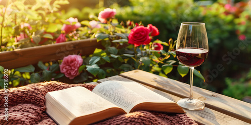 Glass of red wine on a table on cozy wooden terrace with open book, soft blanket, and blossoming rose bushes. Charming sunny evening in summer garden.
