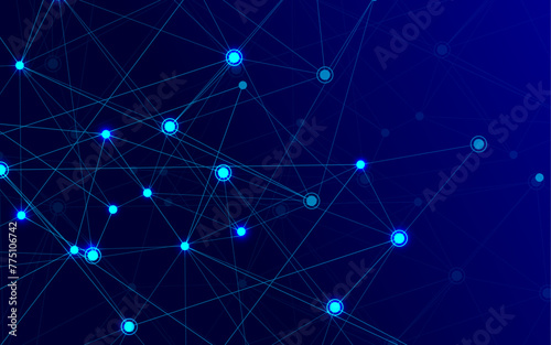 Technology blue background with connecting lines and shiny dots