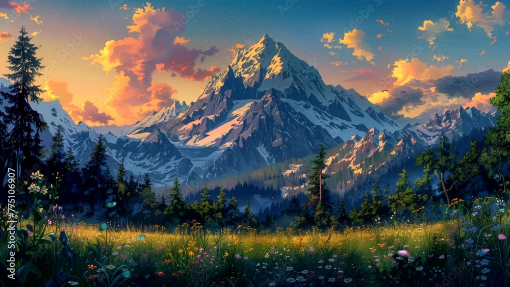 Flower field landscape with majestic mountain background during summer. seamless looping 4k time-lapse video background Flower field landscape with majestic mountain background during summer. seamless looping 4k time-lapse video background