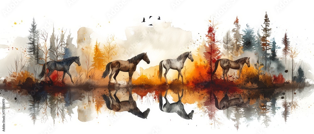 Fototapeta premium A painting that uses paint, watercolor, Sanlian, leaves, gold element, flowers, animals, horses, geometry, feathers, a three-figure composition.